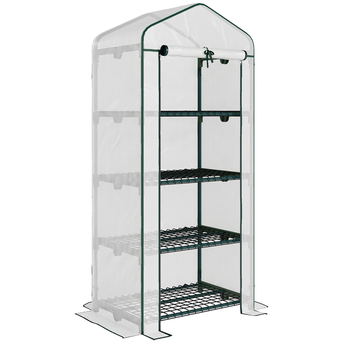 Outsunny 4 Tier Mini Greenhouse, Portable Compact Green House with Steel Frame, PE Cover, Roll-up Door, 70 x 50 x 160 cm, White
