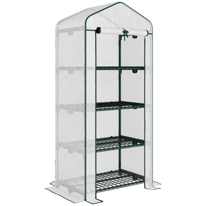 Outsunny 4 Tier Mini Greenhouse, Portable Compact Green House with Steel Frame, PE Cover, Roll-up Door, 70 x 50 x 160 cm, White
