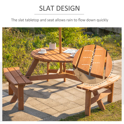 Outsunny Wooden Garden Dining Set, 6 Seater Round Dining Picnic Table with Matching Bench, Garden Furniture Set with Parasol Hole for Outdoor Patio Party and Family Gatherings, Brownish Red
