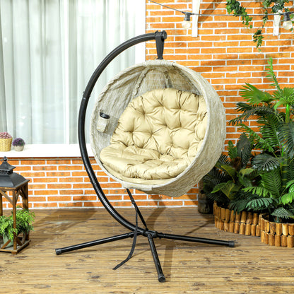 Outsunny Hanging Egg Chair Outdoor Indoor Garden Swing Chair with Folding Basket, Thickened Cushion, Cup Holder for Patio, Balcony, Khaki