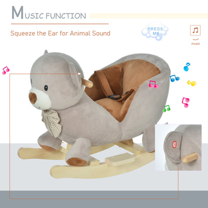 HOMCOM Kids Children Rocking Horse Plush Ride On Bear Seat w/ Sound Wood Base Seat Seat Belt Toddler Baby Toy for 18-36 Months Grey