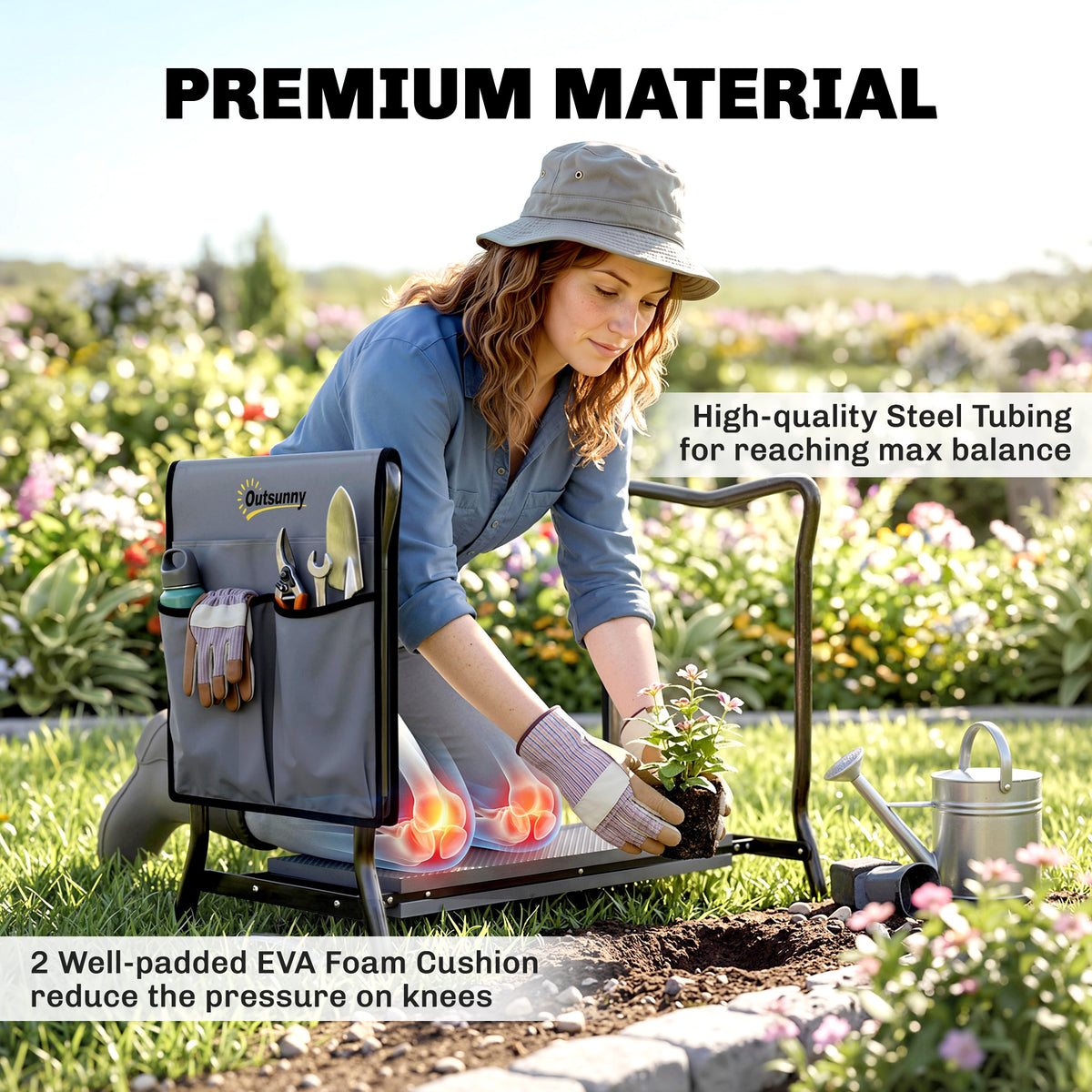 Outsunny Steel Frame Padded Garden Kneeler, with Tool Bag - Grey