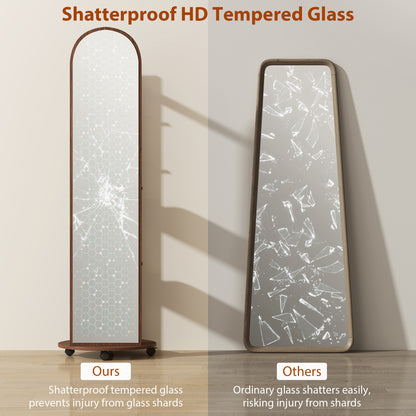 HOMCOM 2-in-1 Full Length Mirror with Storage Shelves, Floor Mirror with 4 Wheels, Coat Rack, Hooks, Brown Wood Effect