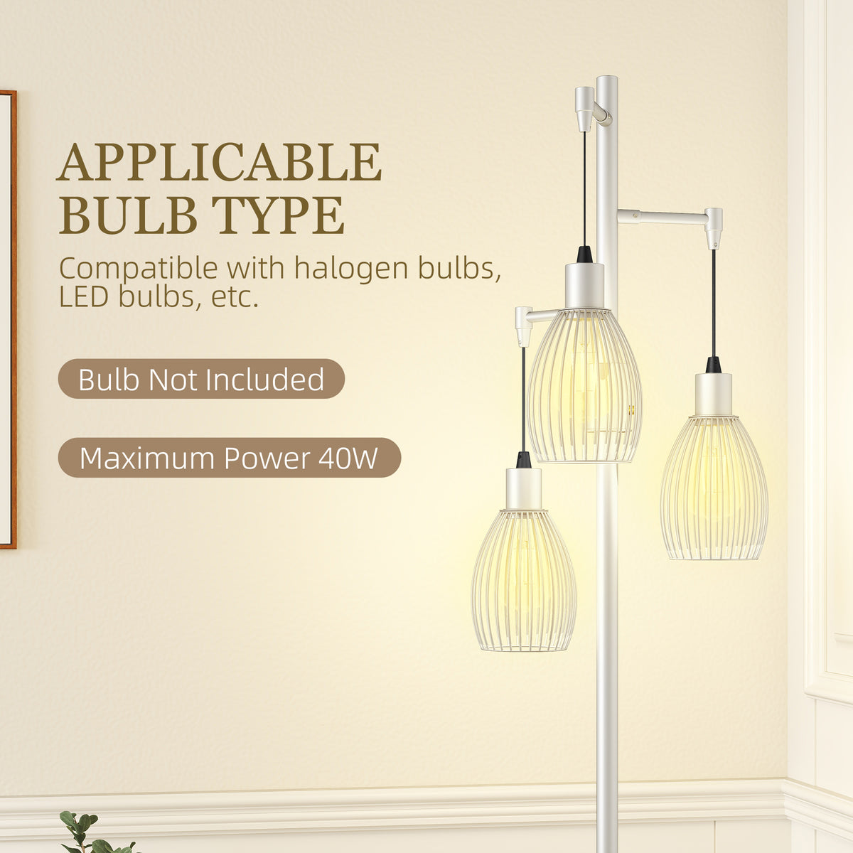 HOMCOM 3-Light Floor Lamp, 170cm Industrial Dimmable Standing Lamp with Steel Wire Cage Lampshades for Living Room, Bedroom, Dining Room, Study, Bulb Not Included, Silver Tone