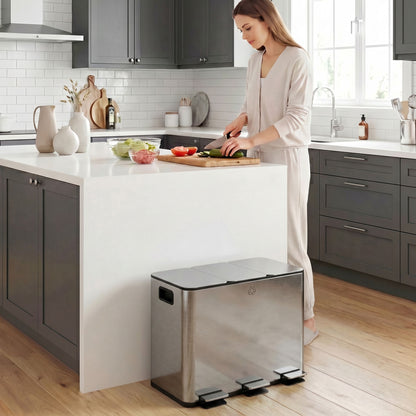 HOMCOM 3 x 20L Pedal Bin, Steel Triple Kitchen Bin with Soft Close Lid, Removable Inner Buckets, Fingerprint-Proof, Silver Tone