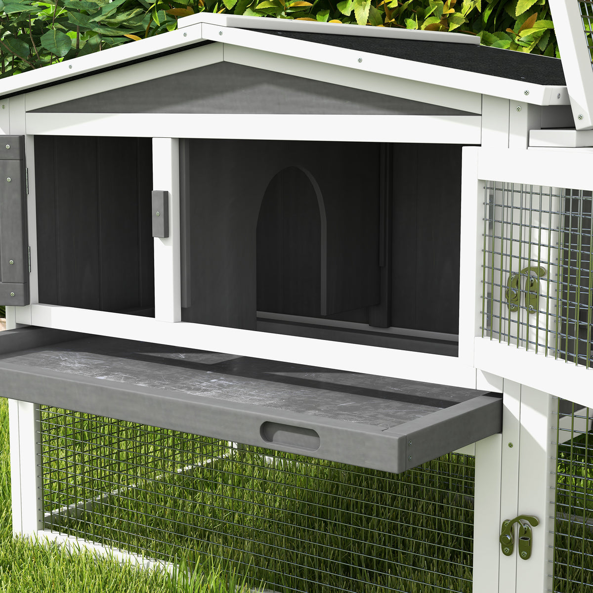 PawHut Rabbit Hutch with Ramp Wooden Guinea Pig Hutch Outdoor Bunny Cage with Sliding Tray, Hay Rack, Grey