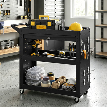 HOMCOM Tool Cart with Lockable Wheels, Rolling Workshop Cart with 3-Tier Trays, Drawer, Pegboards, Black