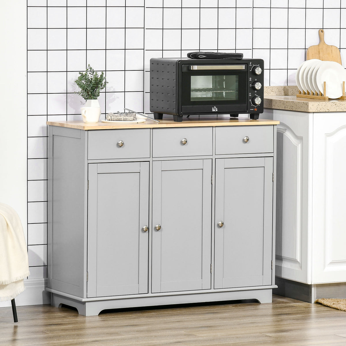 HOMCOM Sideboard with Rubberwood Top and Independent Storage Shelves for Dining Room, Kitchen - Grey