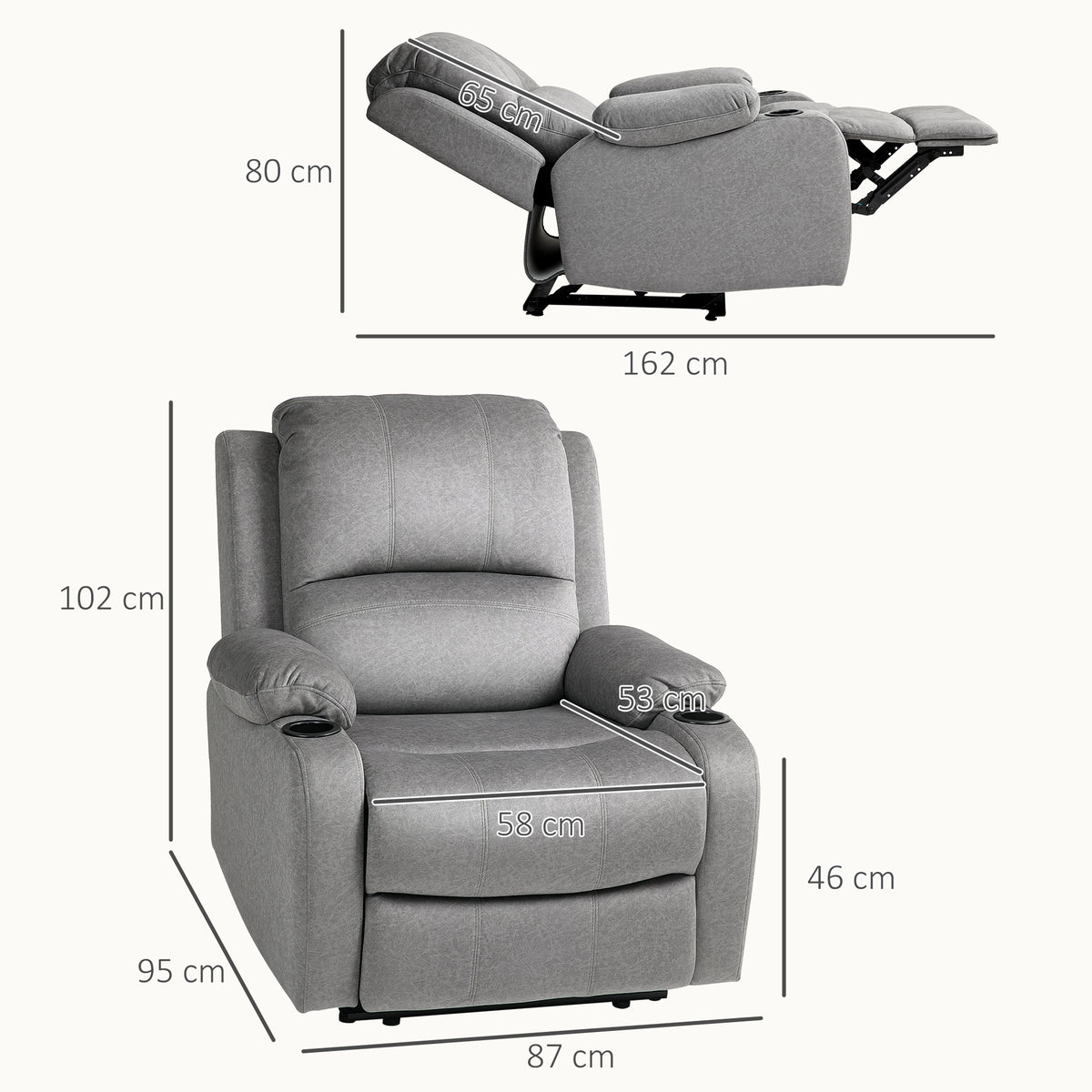 HOMCOM Microfibre Manual Reclining Armchair with 135° Recline Back and Footrest - Grey