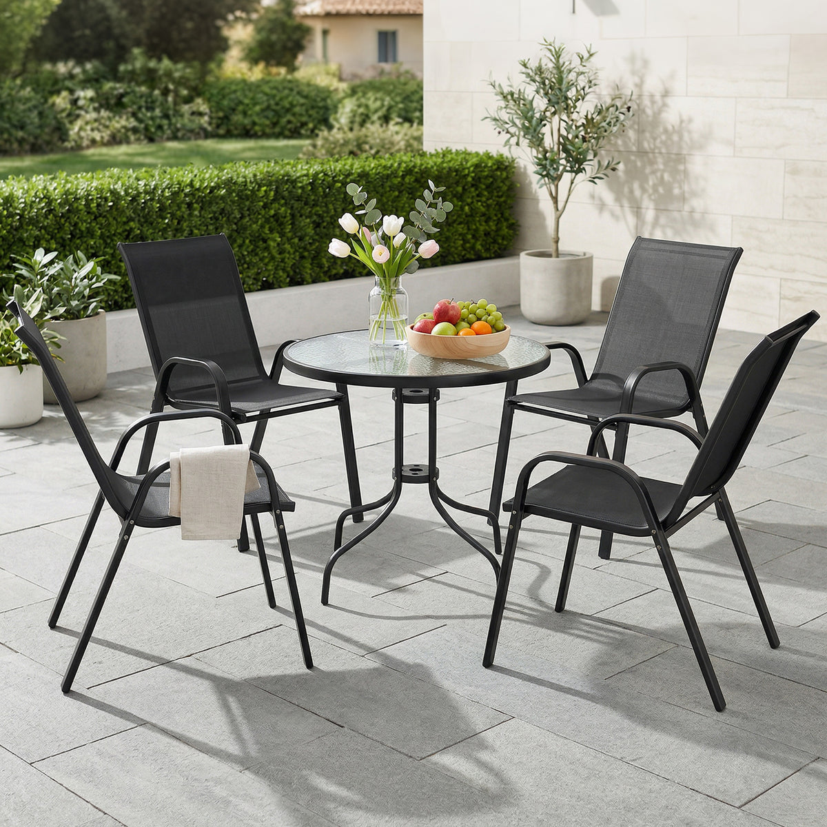 Outsunny Five-Piece Steel Patio Set, with Glass-Top Table - Black