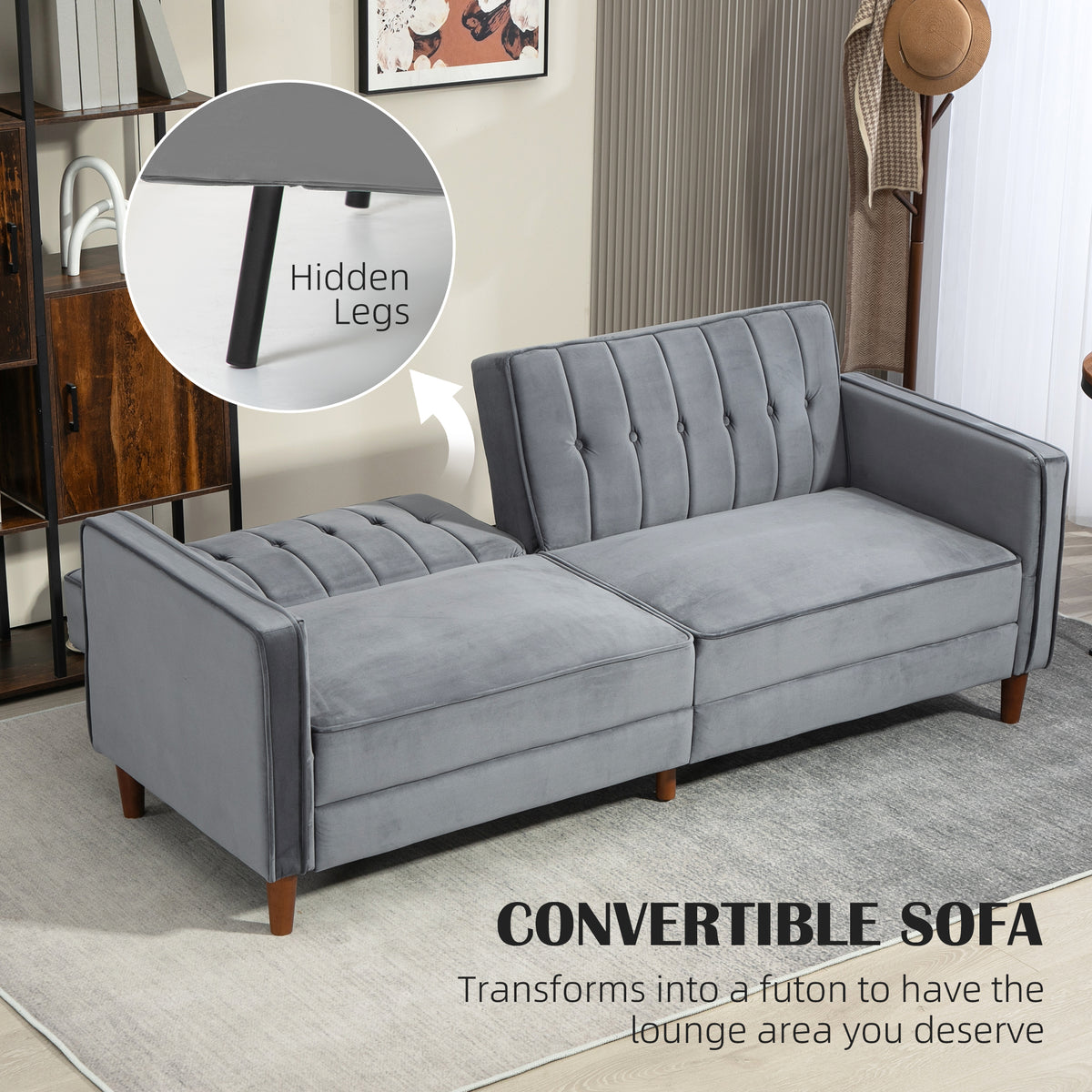 HOMCOM Velvet-Feel Three-Seater Sofa Bed with Wooden Legs, 300 kg - Dark Grey