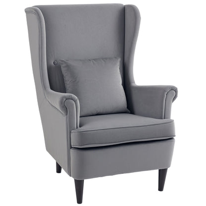 HOMCOM Modern Accent Chair with High Backrest and Pillow, Velvet-Feel Fabric Reading Chair with Solid Wood Legs, Grey