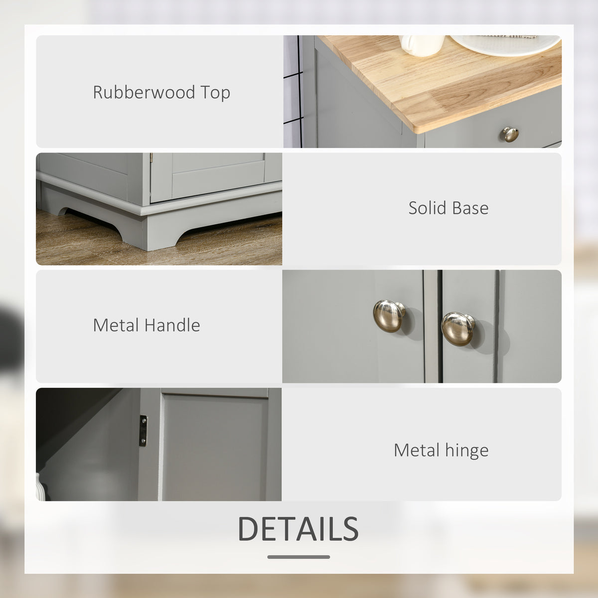 HOMCOM Sideboard with Rubberwood Top and Independent Storage Shelves for Dining Room, Kitchen - Grey