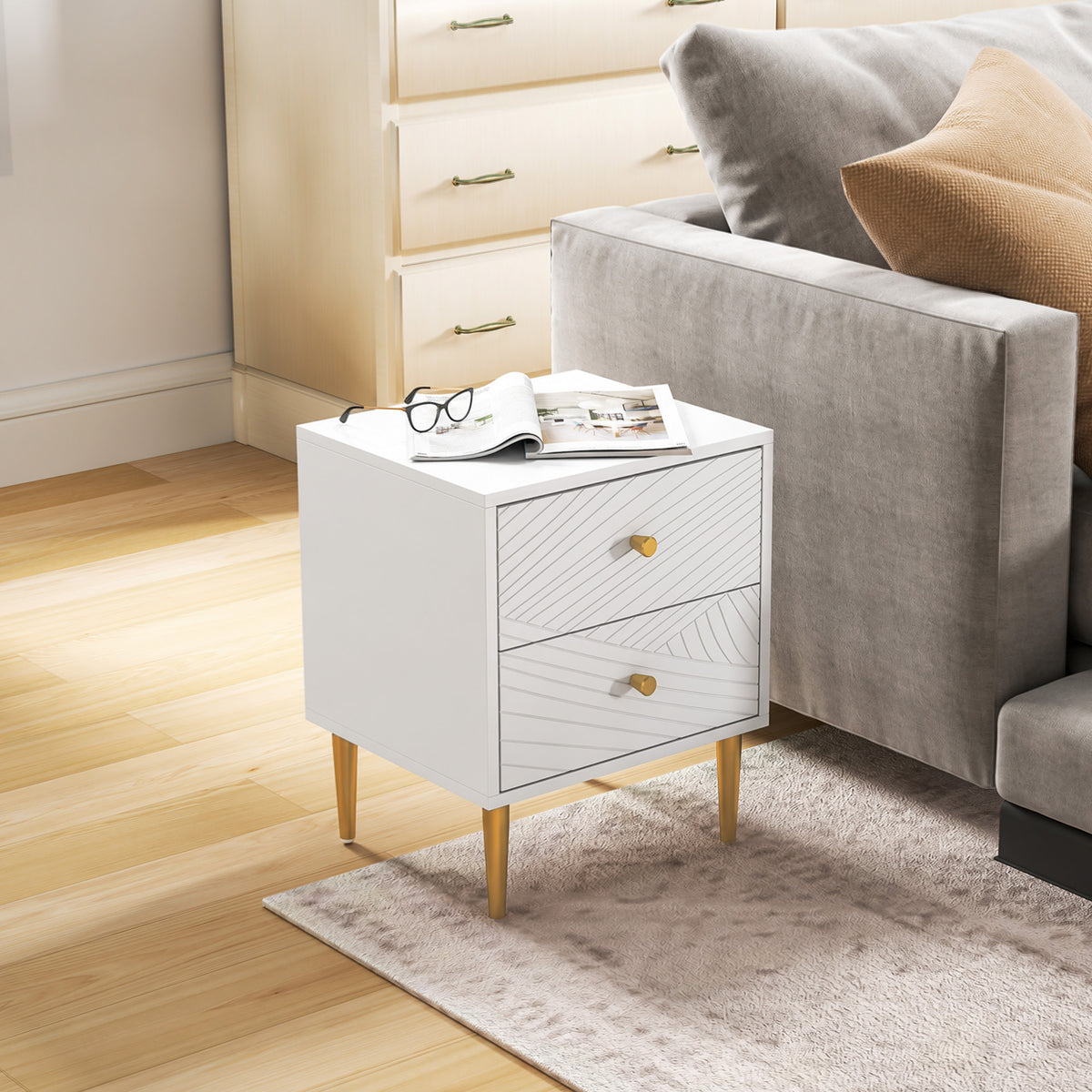 HOMCOM Elegant Two-Drawer Bedside Table - White/Gold-Tone