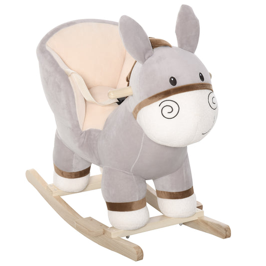 HOMCOM Kids Rocking Horse, Children Plush Ride On Donkey Animal Rocker w/ Sound, Wood Base Seat, Seat Belt, Baby Toy Rocker for Toddler 18 - 36 Months, Grey