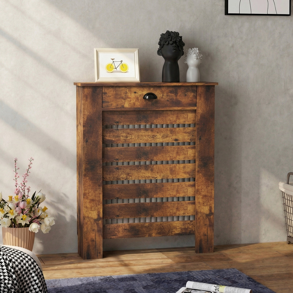 HOMCOM 95.5H x 78Wcm Radiator Cover, with Drawer - Rustic Brown