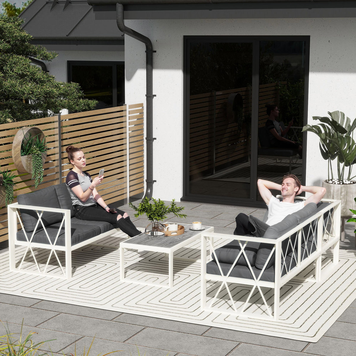 Outsunny Four-Piece L Shaped Garden Furniture Set with 5-Level Adjustable Lounger - Grey