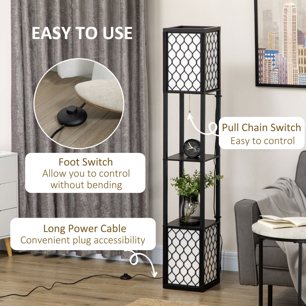 HOMCOM Floor Lamp with Shelves, Modern Tall Standing Lamps with Fabric Lampshade, Chain Switch and Dual Light for Living Room, Bedroom, Bulb not Included, Black