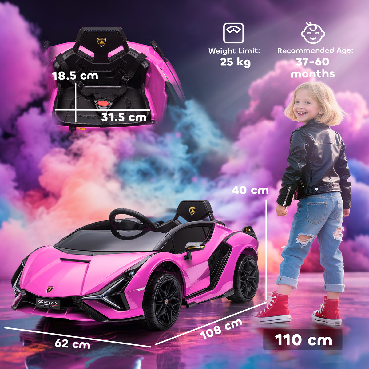 HOMCOM Lamborghini Sian Licensed Electric Car for Kids, 12V Kids Electric Ride on Car with Dual Motors, Remote Control, Pink