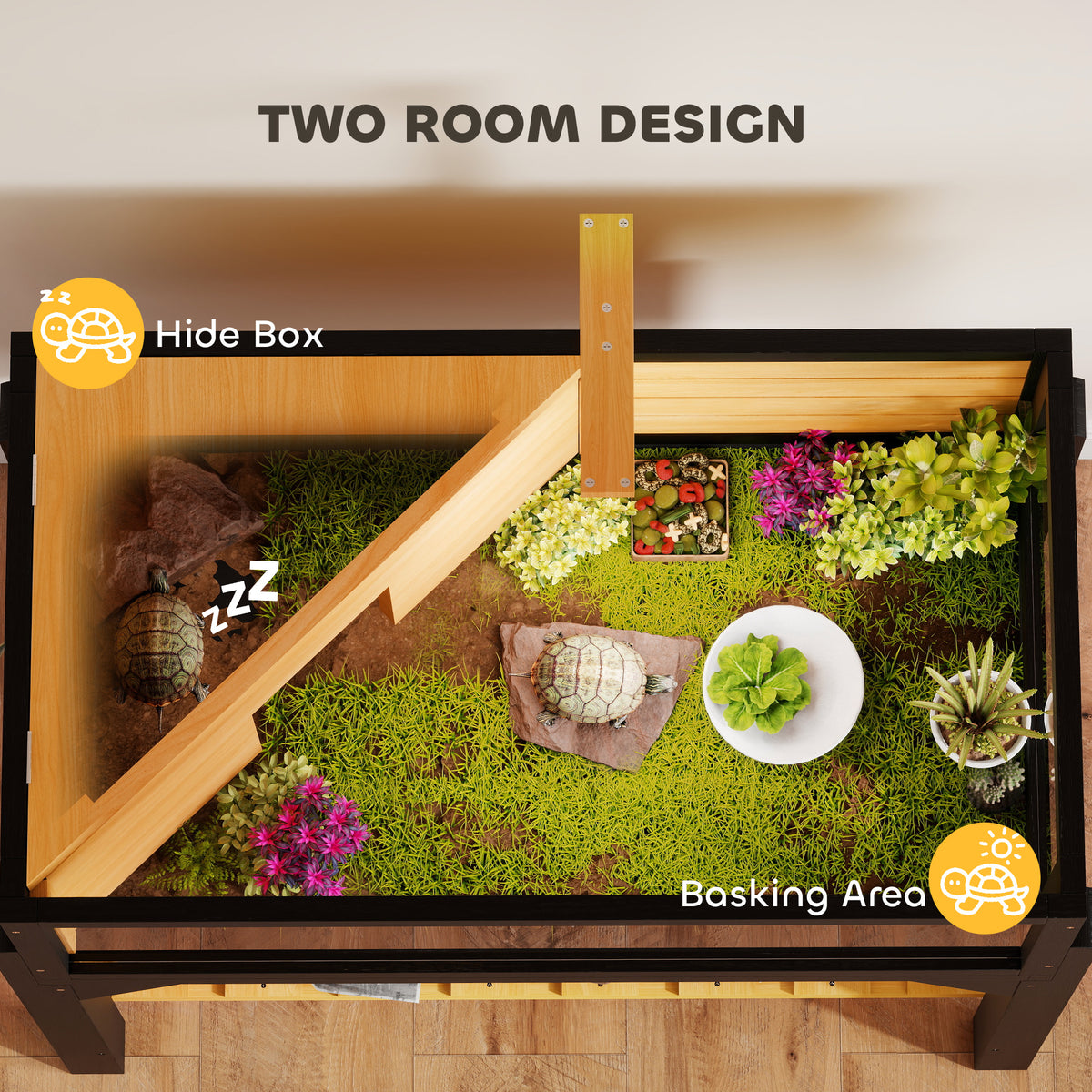 PawHut Wooden Tortoise House with Storage Shelf, Clear Observation Windows, Lamp Holder, Openable Top, Built-in Tray, Yellow
