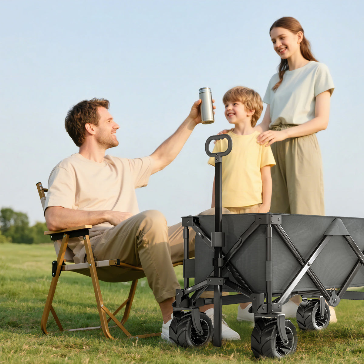 Outsunny Outdoor Pull Along Cart Folding Cargo Wagon Trailer Trolley for Beach Garden with Handle, Anti-Slip Wheel - Dark Grey