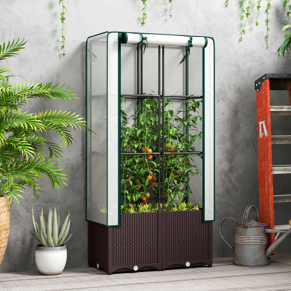 Outsunny Raised Garden Bed with Trellis, Plastic Planter Box with PE Cover, Drainage Holes, Drain Plugs and Water Reservoirs for Climbing Plants, Vegetables, Flowers, 80 x 40 x 140 cm