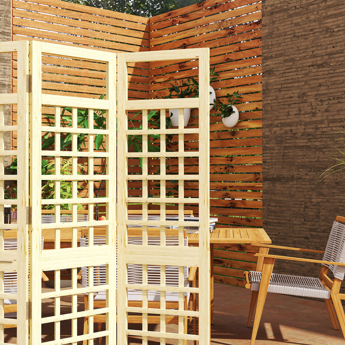 Outsunny 3-Panel Garden Privacy Screen, Freestanding Foldable Wooden Outdoor Divider/Trellis, Decorative Privacy Screen for Garden Patio, 120 x 170 cm, Natural Wood Finish