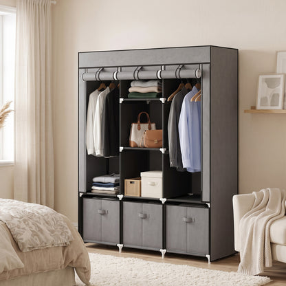 HOMCOM Foldable Fabric Wardrobe for Bedroom, Portable Wardrobe with 5 Shelves, 2 Hanging Rails and 3 Fabric Drawers, Dark Grey