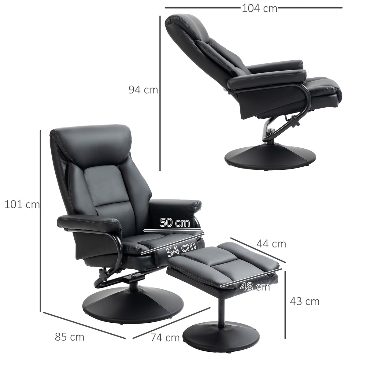HOMCOM Swivel Recliner Chair with Footstool, PU Leather Recliner Armchair with Ottoman, Steel Base, Upholstered Reclining Chair for Living Room, Bedroom, Office, Black