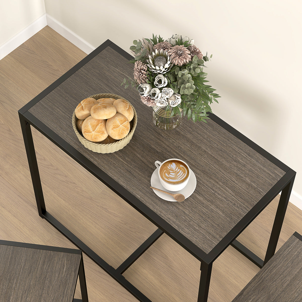 HOMCOM Dining Table and Chairs Set 2, Dining Room Sets, Rectangular Space Saving Table and 2 Chairs for Compact Kitchens, Steel Frame, Grey Wood-Effect