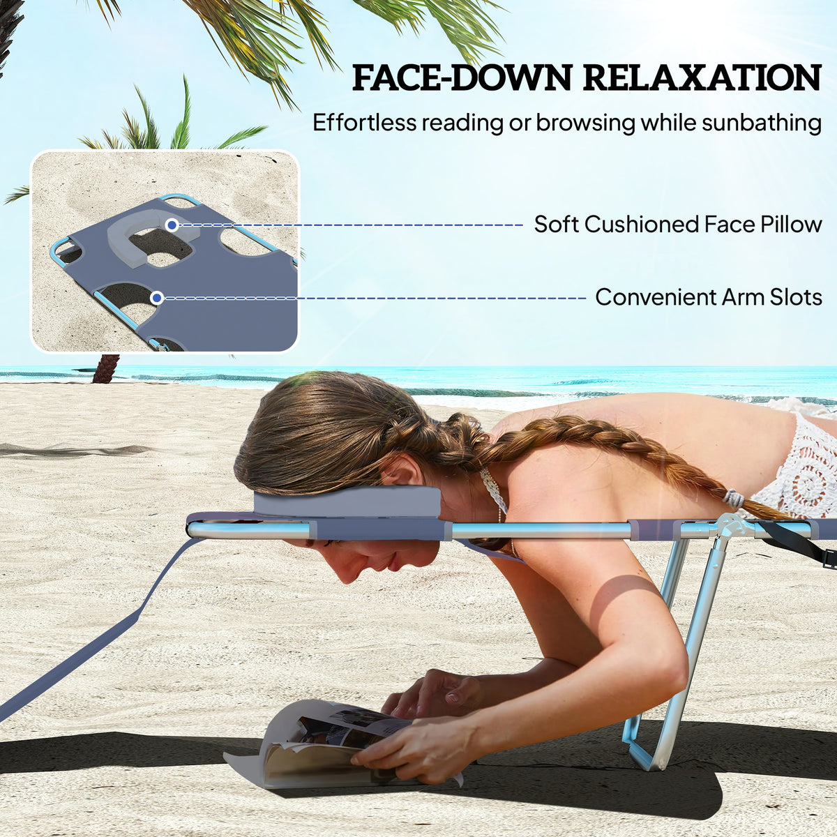 Outsunny 5-Position Adjustable Sun Lounger with Reading Hole and Side Pocket, Grey