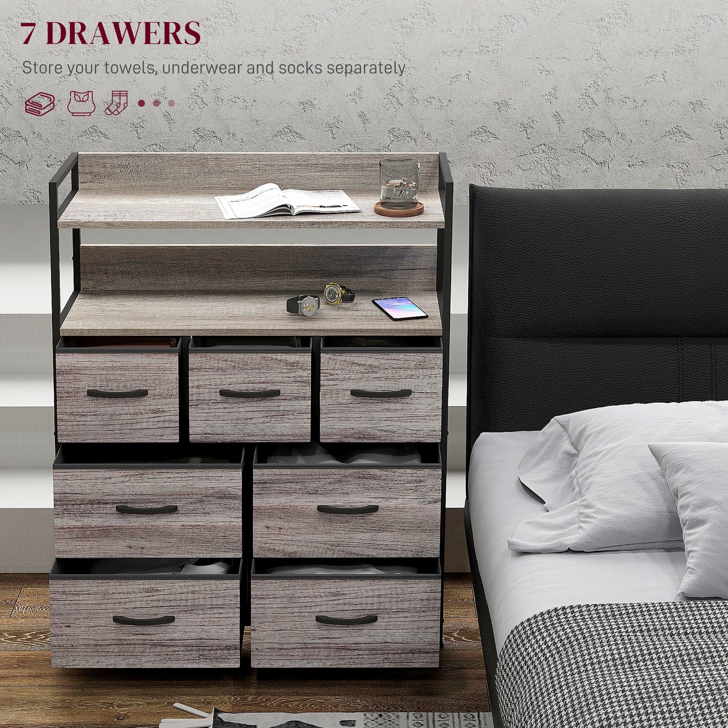 HOMCOM Bedroom Chest of Drawers 7 Drawer Dresser w/ Shelves, Grey Wood Effect