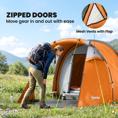 Outsunny 2 Man Tunnel Tent with Sewn-in Groundsheet, Air Vents, Rainfly, 2000mm Large Camping Tent with Bedroom, Porch, Living Area for Camping, Hiking, 426L x 206W x 154H cm, Orange