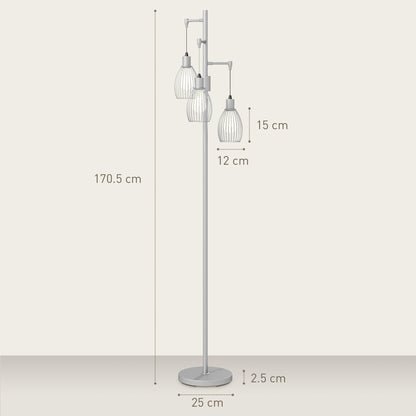 HOMCOM 3-Light Floor Lamp, 170cm Industrial Dimmable Standing Lamp with Steel Wire Cage Lampshades for Living Room, Bedroom, Dining Room, Study, Bulb Not Included, Silver Tone