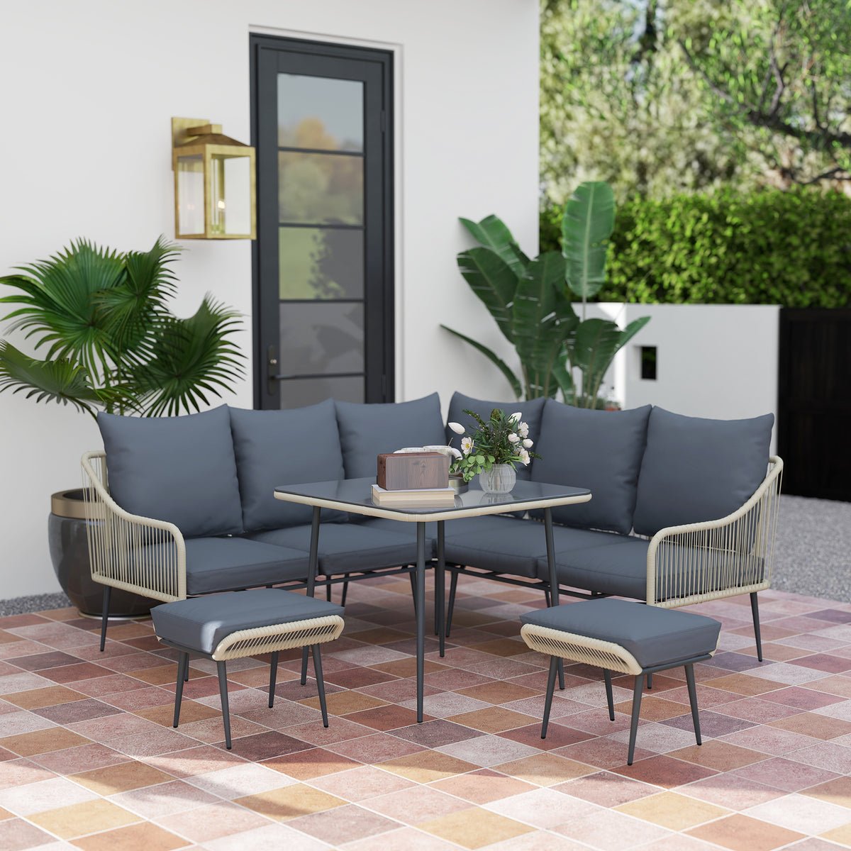 Outsunny Six-Piece Rattan Strong Garden Sofa Set with Removable and Washable Covers - Grey