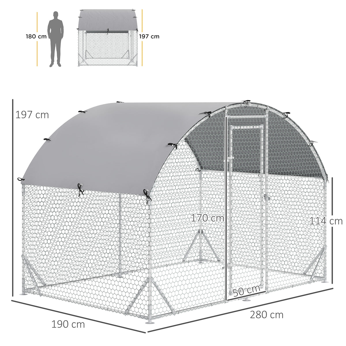 PawHut Walk In Chicken Run Galvanised Chicken Coop Hen Poultry House Cage Water-Resist Cover, Silver