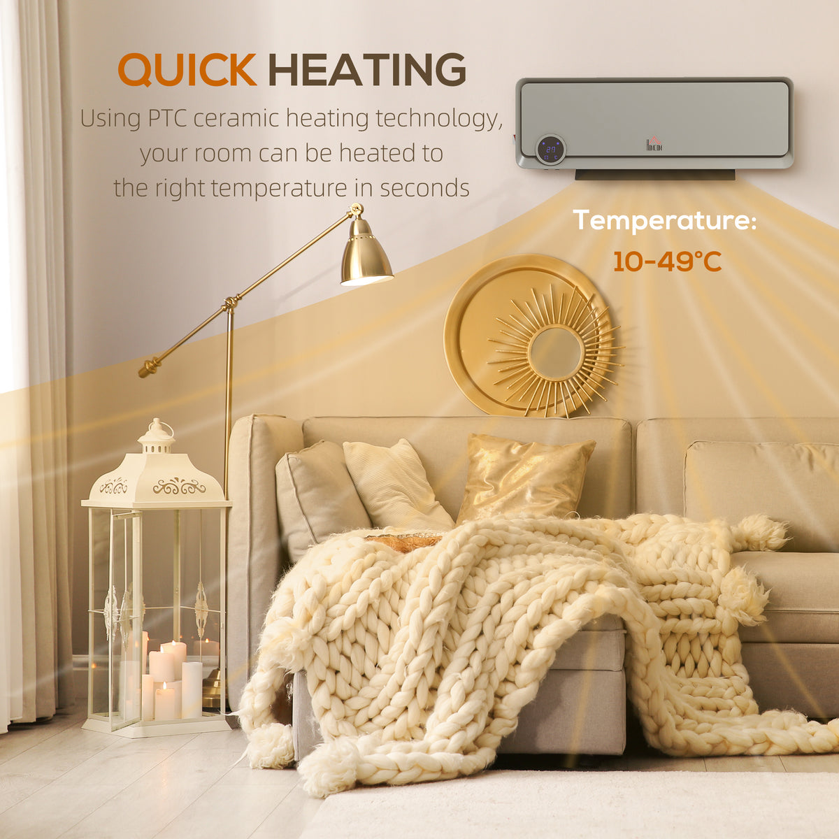 HOMCOM Wall Downflow Heater 2 Heat and Fan 1000W/2000W, Electric Space Heater with Timer Remote Oscillating, for Bedroom Home Office, Grey