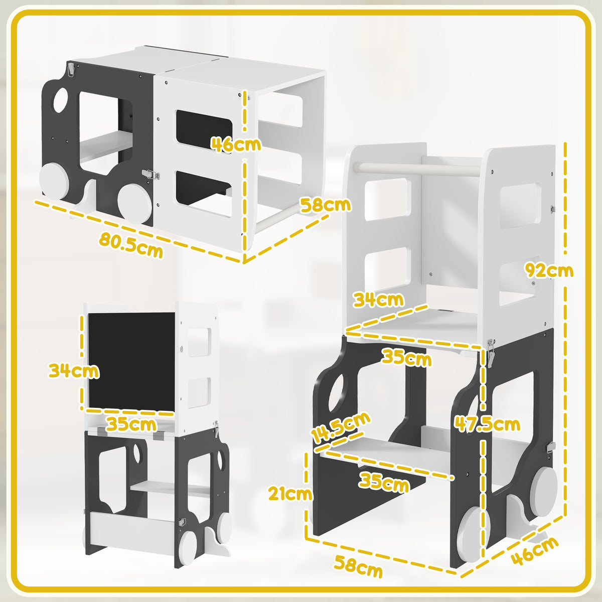 AIYAPLAY Toddler Step Stool, 4 in 1 Standing Tower, Foldable Toddler Step with Safety Rail, for Kitchen, Bathroom, Grey