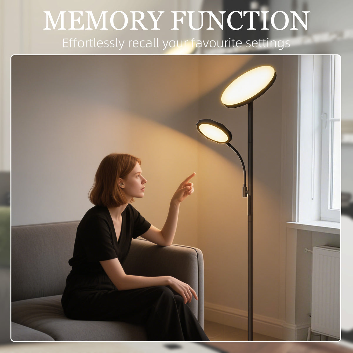 HOMCOM LED Floor Lamp for Living Room, Stepless Dimmable Standing Lamp, Mother and Child Uplighter with Reading Light, 4 Scene Modes, 2700K-6500K Colour Temps, 4 Brightness Levels, Remote Control