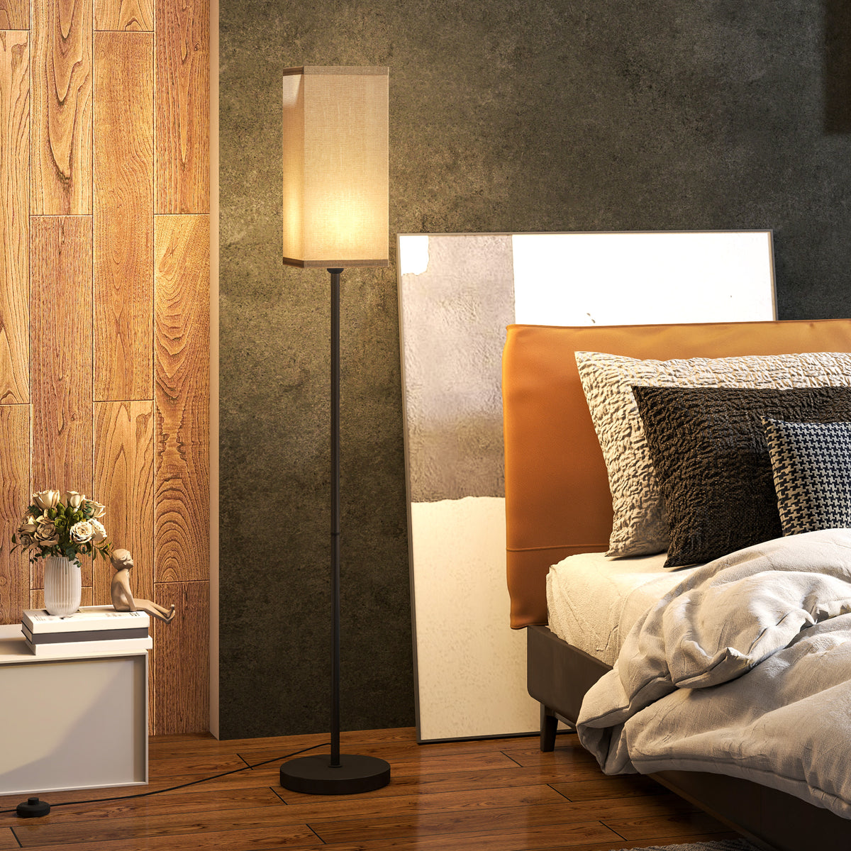 HOMCOM Floor Lamp, Modern Standing Lamp with Linen Shade and Foot Switch, Tall Lamps for Bedroom, Bulb not Included, Black