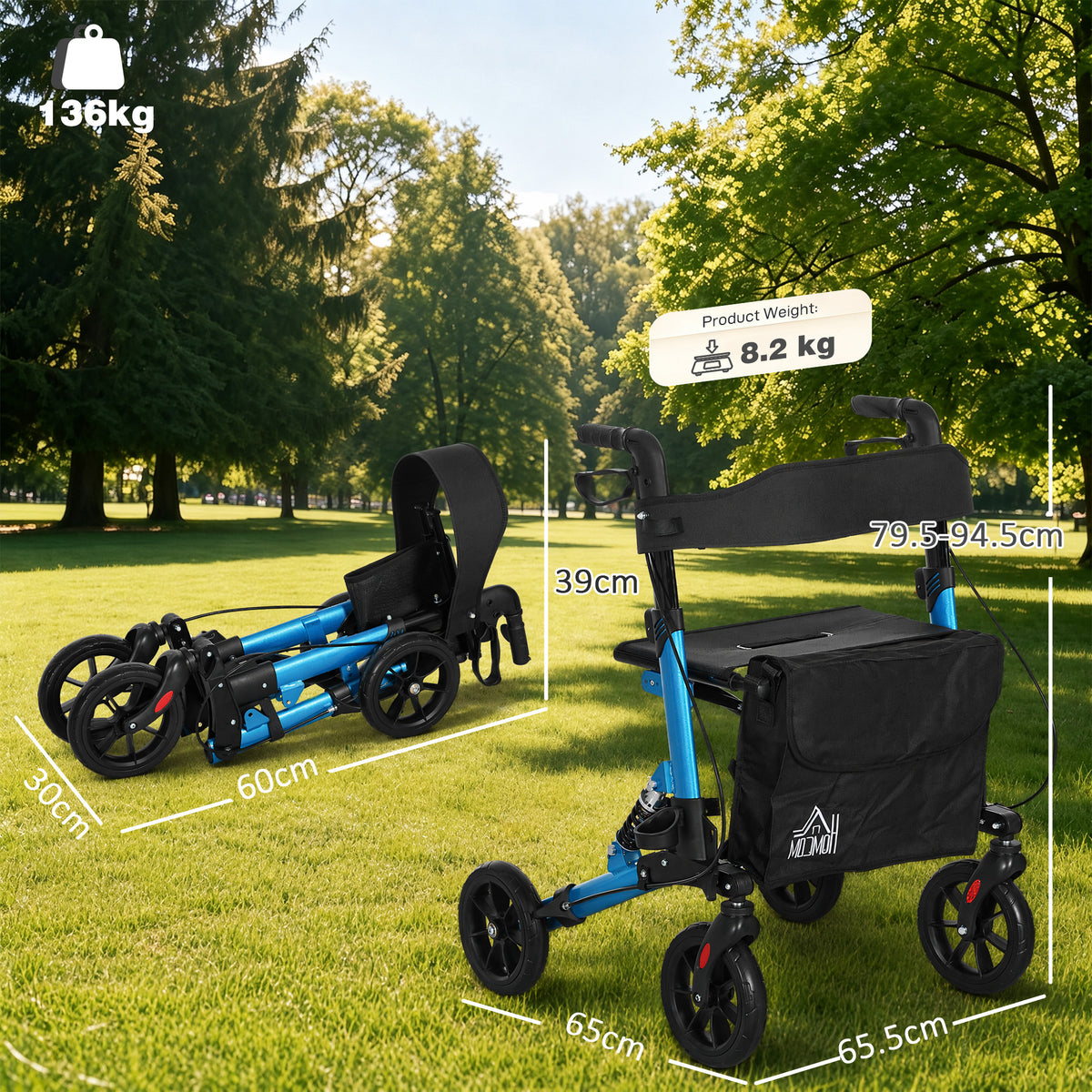 HOMCOM Folding Rollator Walker with Seat, Backrest, Lightweight Walking Frame with Storage Bag, Dual Brakes, Adjustable Handle Height, Suspension System, 4 Wheeled Walker for Seniors, Blue