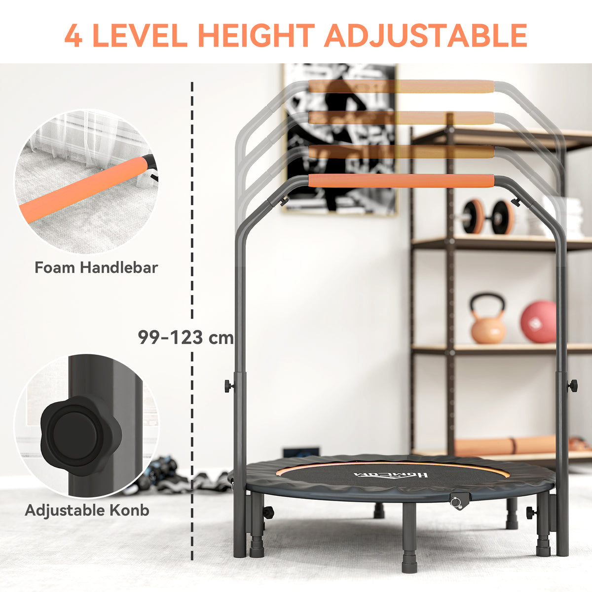 HOMCOM 45" Foldable Mini Fitness Trampoline, with Adjustable Foam Handle, Orange