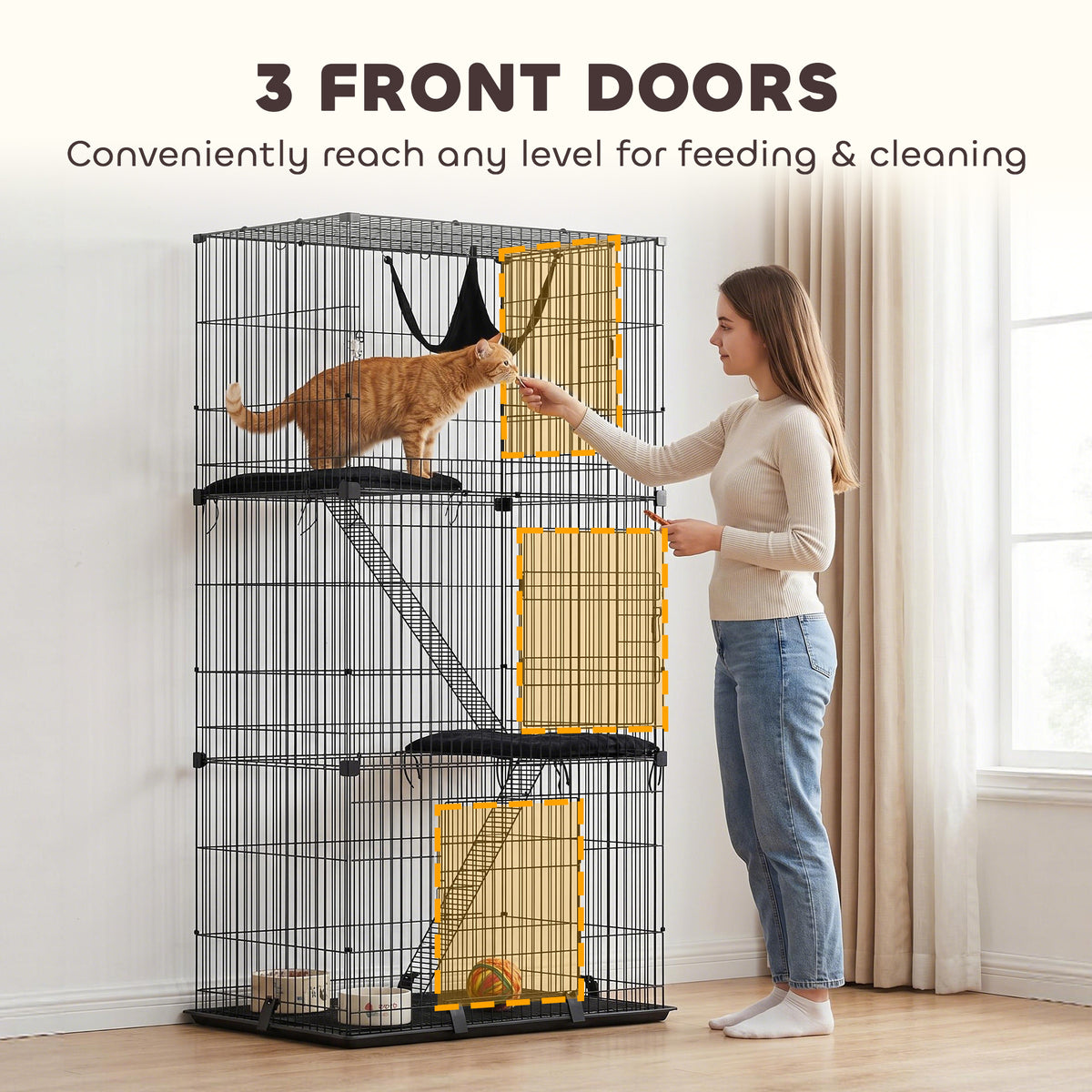 PawHut 3-Tier Large Cat Cage Indoor, Detachable Metal Wire Kennel with Hammock, Platforms, Tray and Cushions for 1-2 Kittens