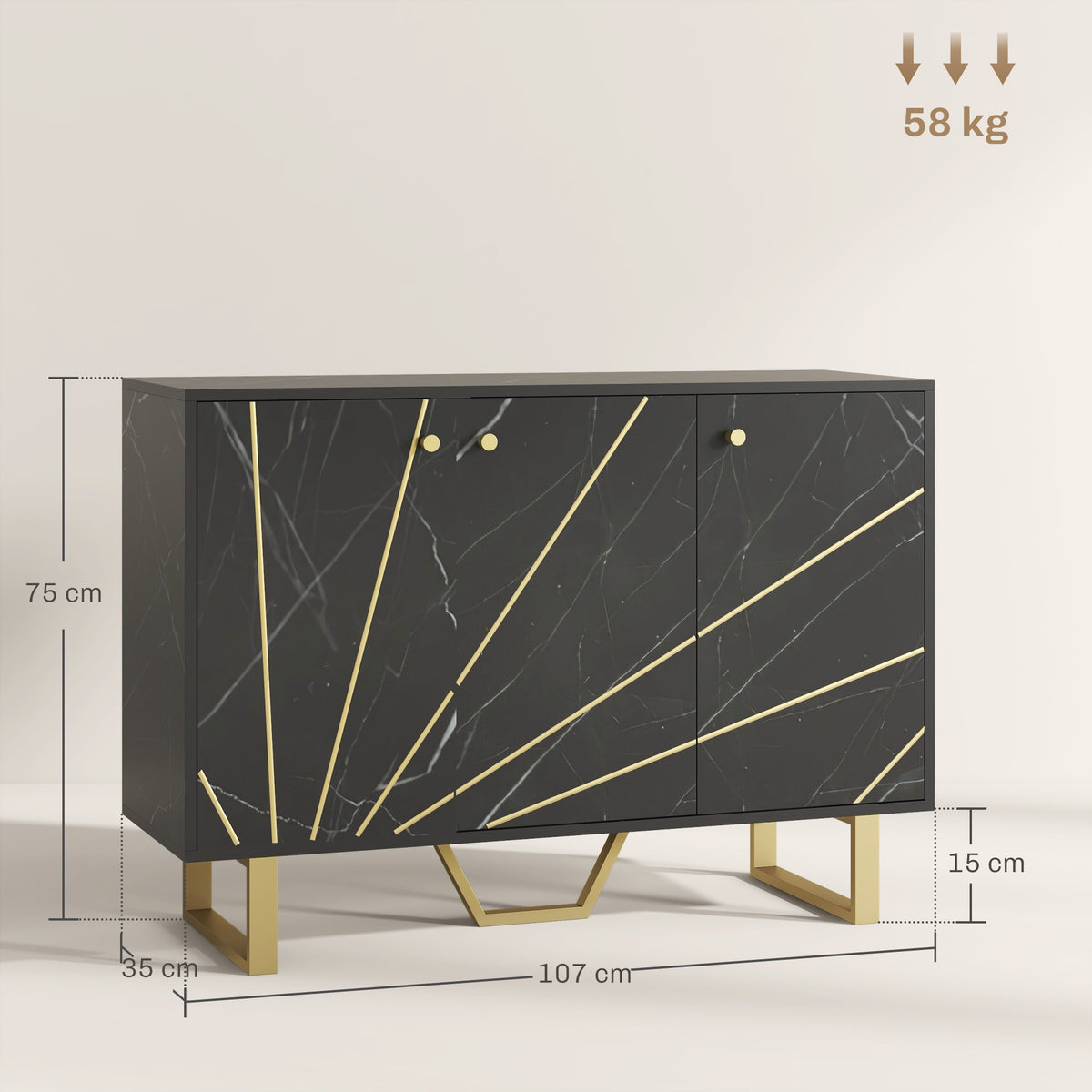 HOMCOM Sideboard Storage Cabinet, Modern Storage Cupboard with Adjustable Shelves and Metal Legs for Living Room, Kitchen, Dining Room, Entryway, Black Marble Tone