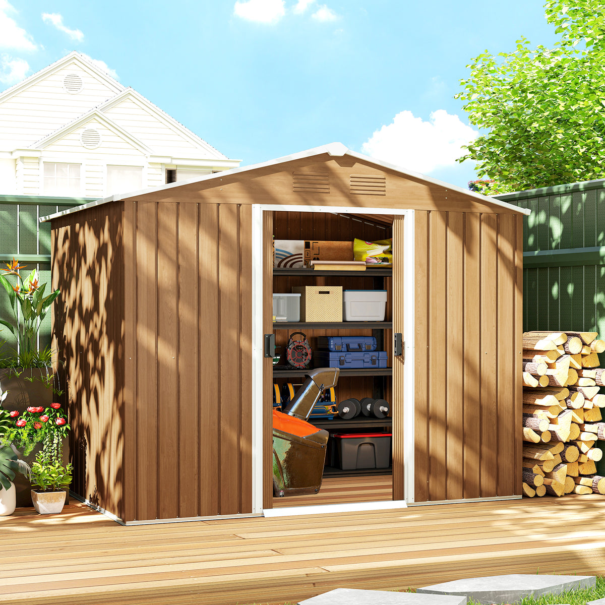 Outsunny 8 x 6ft Galvanised Steel Shed, with Double Door - Brown
