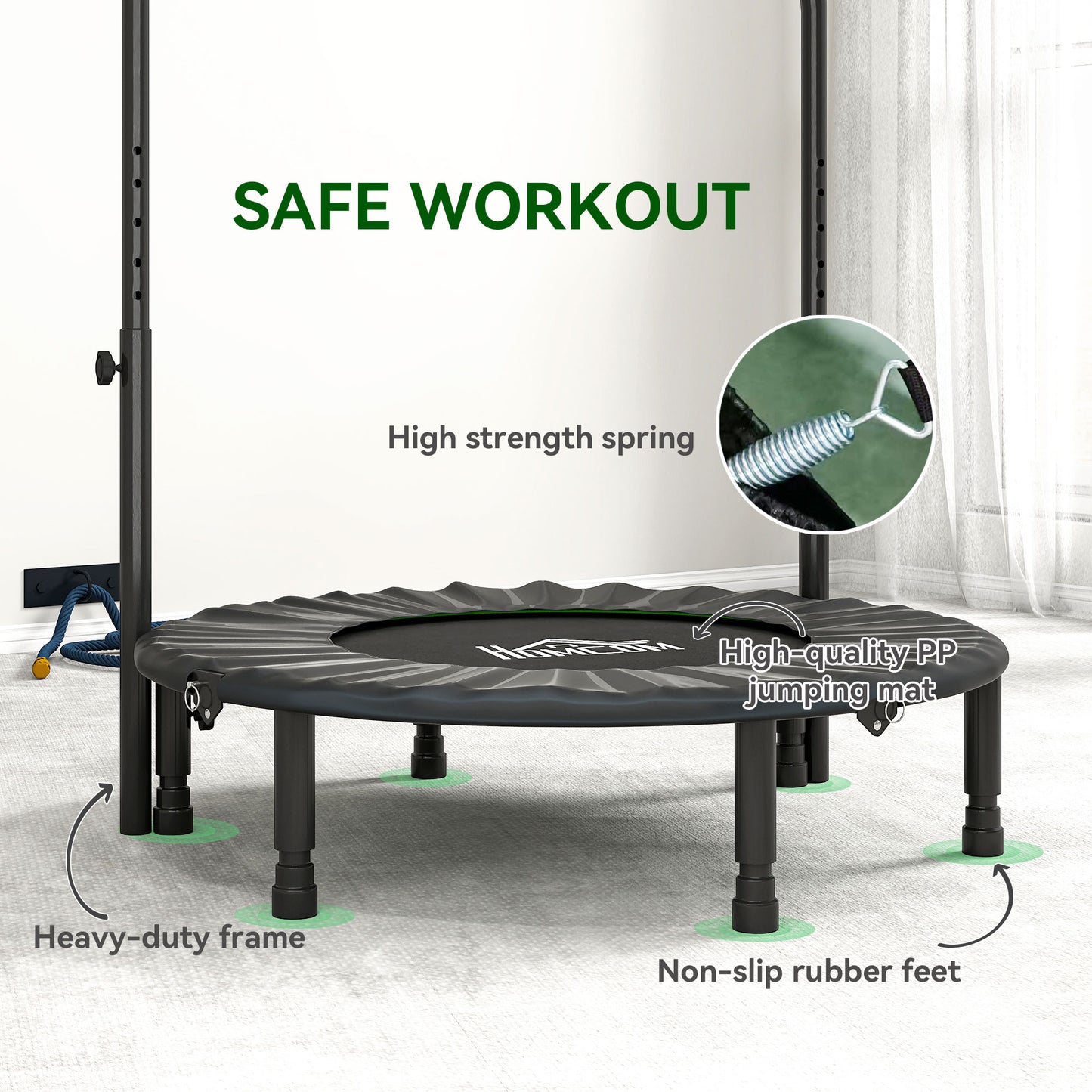 HOMCOM 40" Foldable Mini Trampoline with Adjustable Foam Handle, for Cardio Training, Green