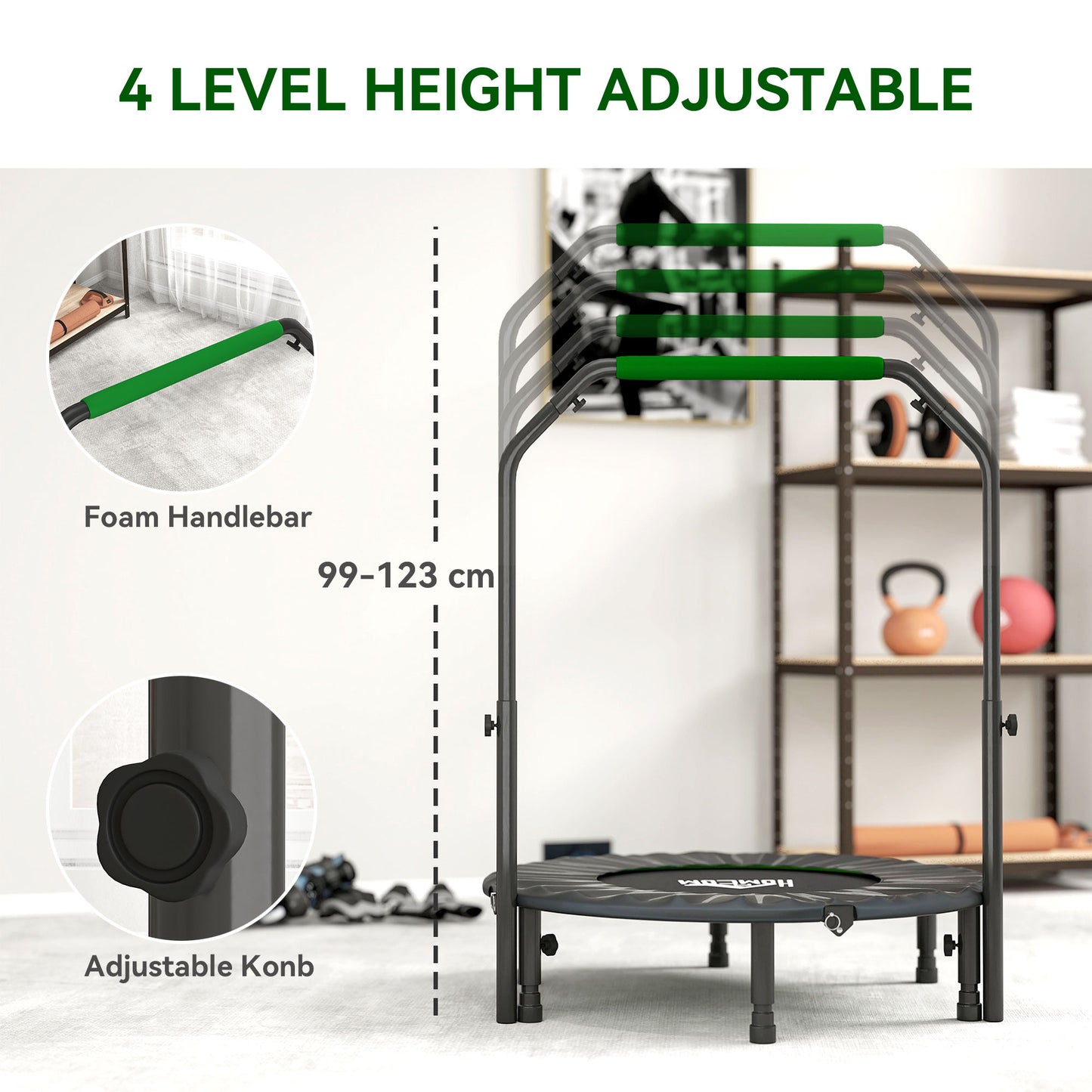 HOMCOM 40" Foldable Mini Trampoline with Adjustable Foam Handle, for Cardio Training, Green