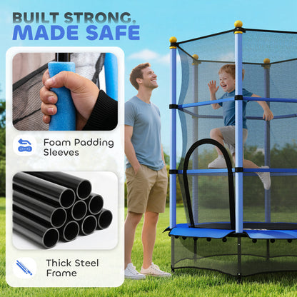 HOMCOM 4.6FT/55" Kids Trampoline with Enclosure Net, Outdoor Indoor Use, for Ages 3-10 Years, Blue