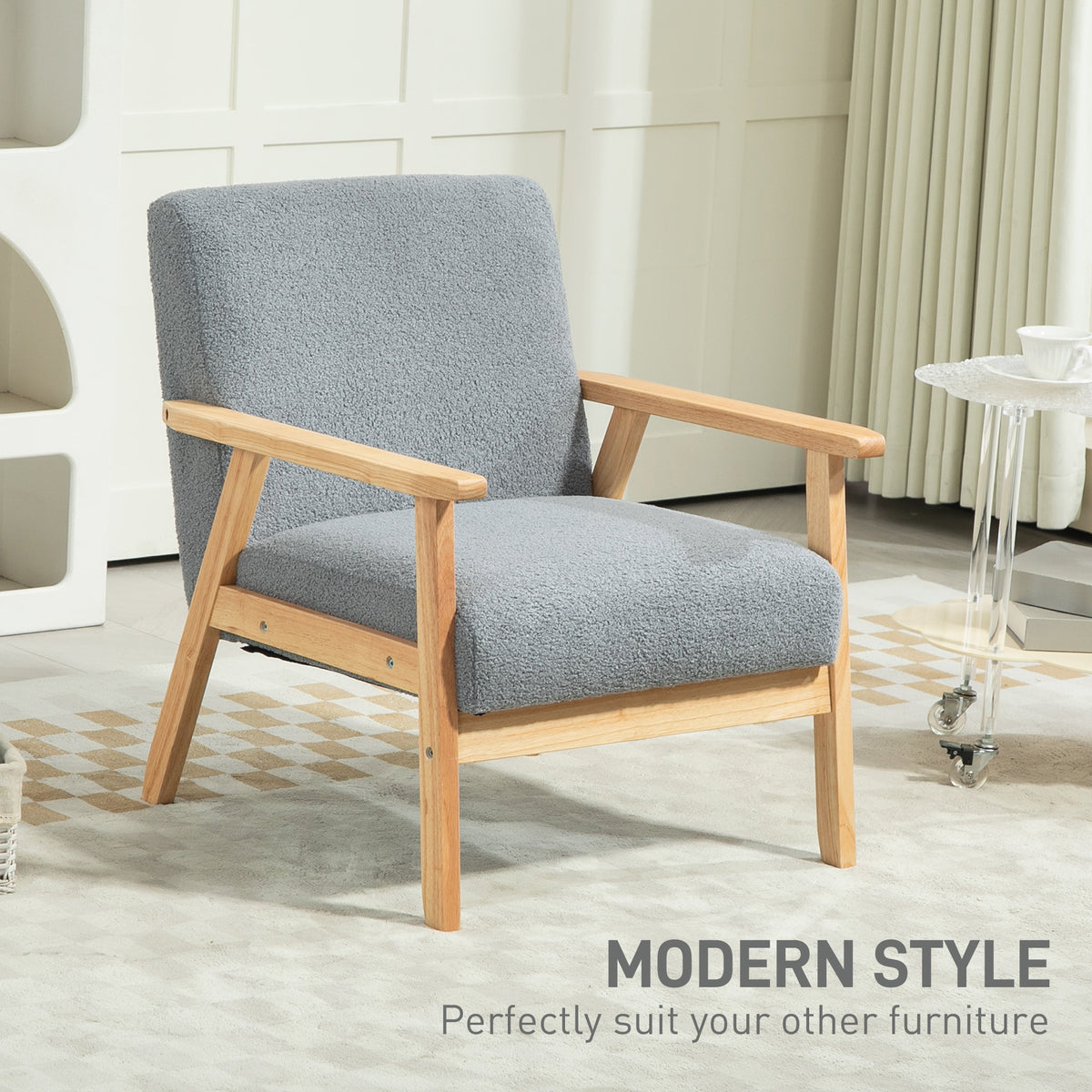 HOMCOM Modern Armchair, Sherpa Fleece Upholstered Accent Chair with Solid Wood Legs and Wide Seat, Padding Lounge Chair for Living Room Bedroom Office, Grey