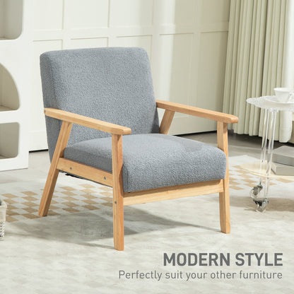 HOMCOM Modern Armchair, Sherpa Fleece Upholstered Accent Chair with Solid Wood Legs and Wide Seat, Padding Lounge Chair for Living Room Bedroom Office, Grey